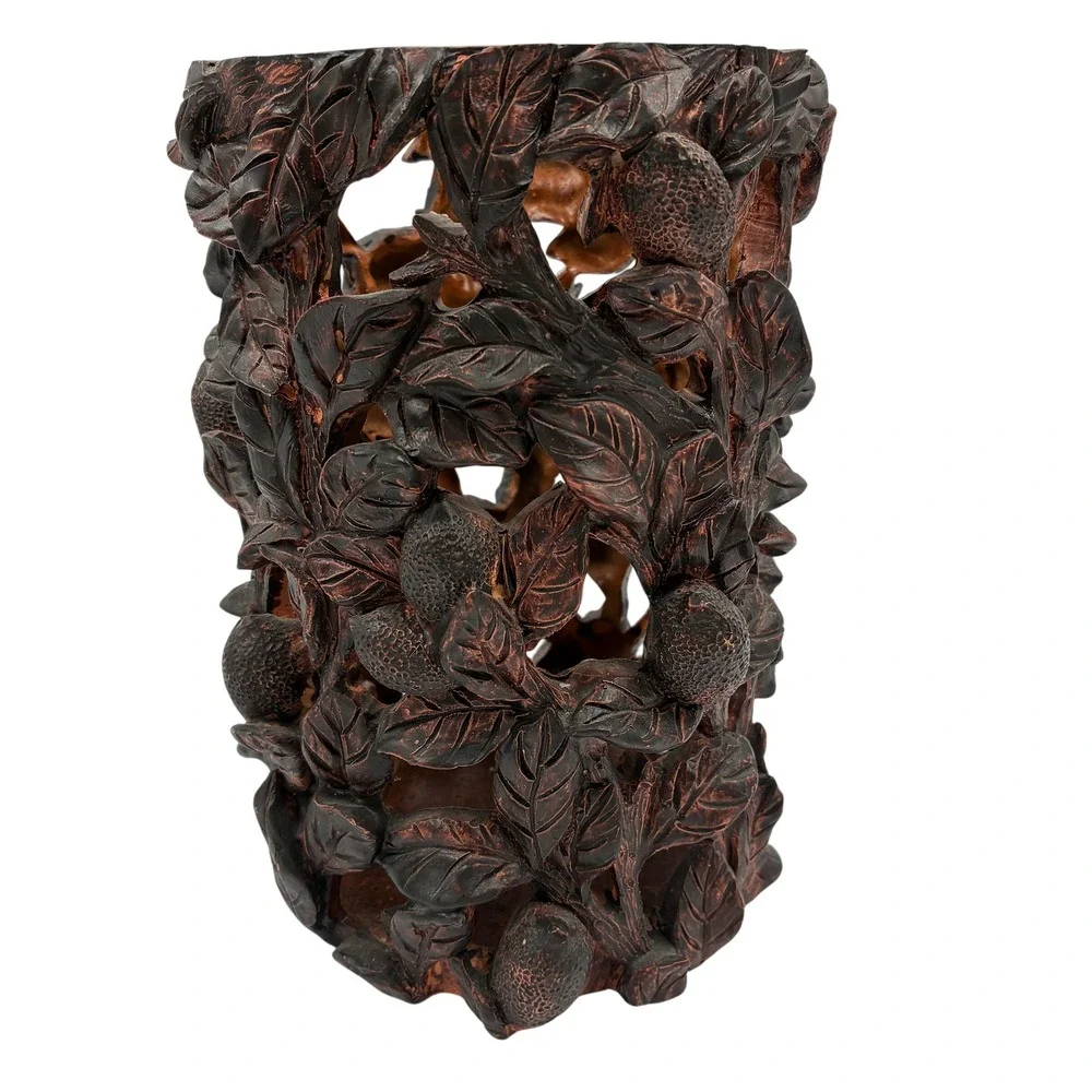Tree of Life Ornate Carved‎ Leaf Design Tabletop Decor Vase Accent Piece Resin